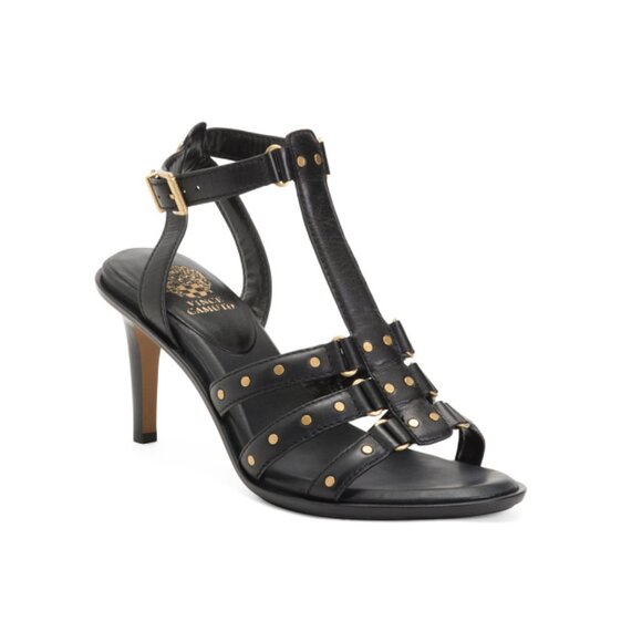 VINCE CAMUTO Black Leather Fawzi Heeled Cage Sandals - Picture 1 of 2